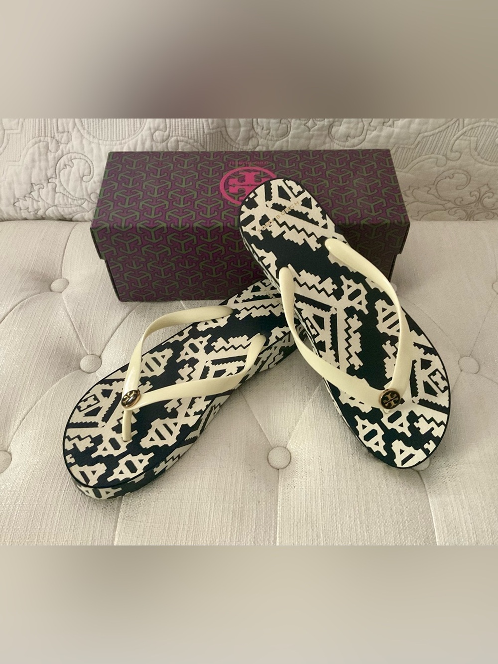 Tory Burch Black and Cream Geometric Logo Flip Flops